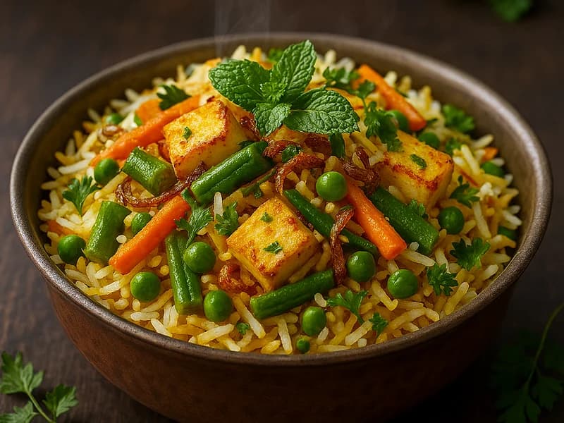 Vegetable dum biryani in hammered copper bowl at Vindhya Bhavan Restaurant, Abu Dhabi