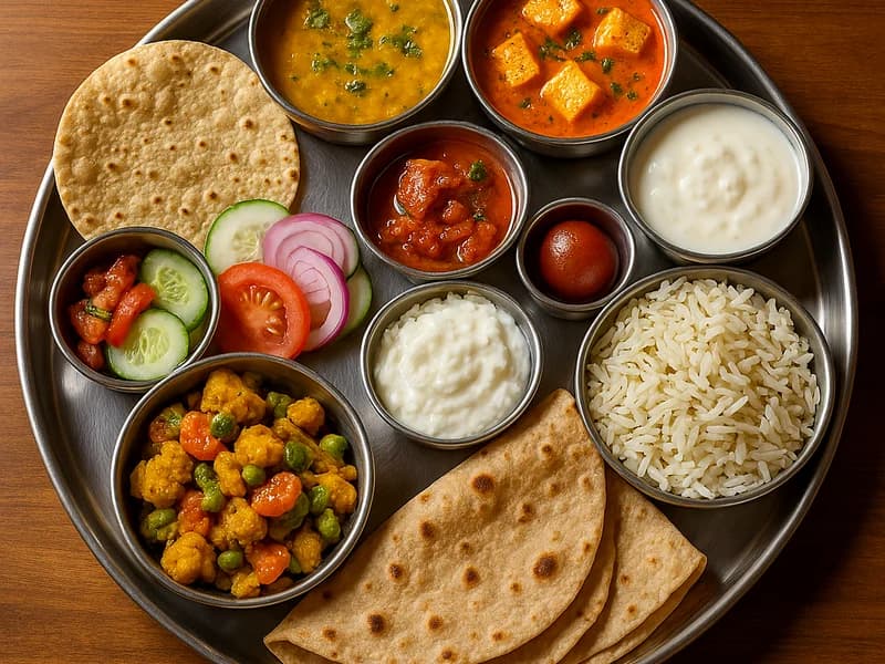 North Indian vegetarian thali with curries, dal, rice, raita and gulab jamun at Vindhya Bhavan, Abu Dhabi